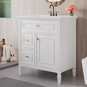 VanityFus 30-in White Bathroom Vanity Single Sink Combo Ceramic Top 1 door 3 drawers Undermount Adjustable Shelves