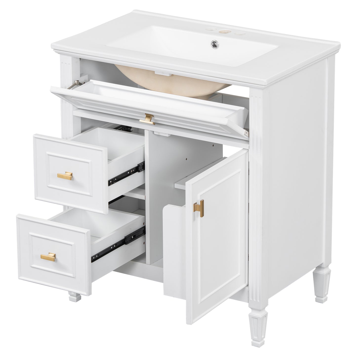 VanityFus 30-in White Bathroom Vanity Single Sink Combo Ceramic Top 1 door 3 drawers Undermount Adjustable Shelves
