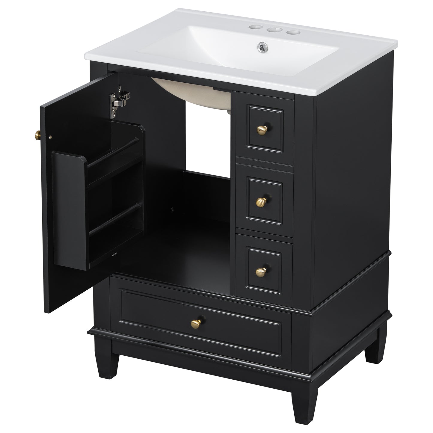 VanityFus 24-in Black Bathroom Vanity Single Sink Combo Ceramic Top 1 Soft Close Door 3 drawers Undermount