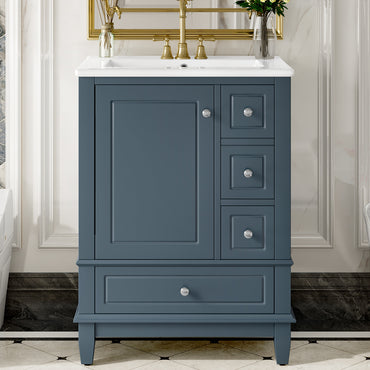 VanityFus 24-in Blue Grey Bathroom Vanity Single Sink Combo Ceramic Top 1 Soft Close Door 3 drawers Undermount