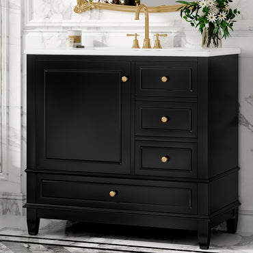 VanityFus 36-in Black Bathroom Vanity Single Sink Combo Ceramic Top 1 Soft Close Door 3 drawers Undermount