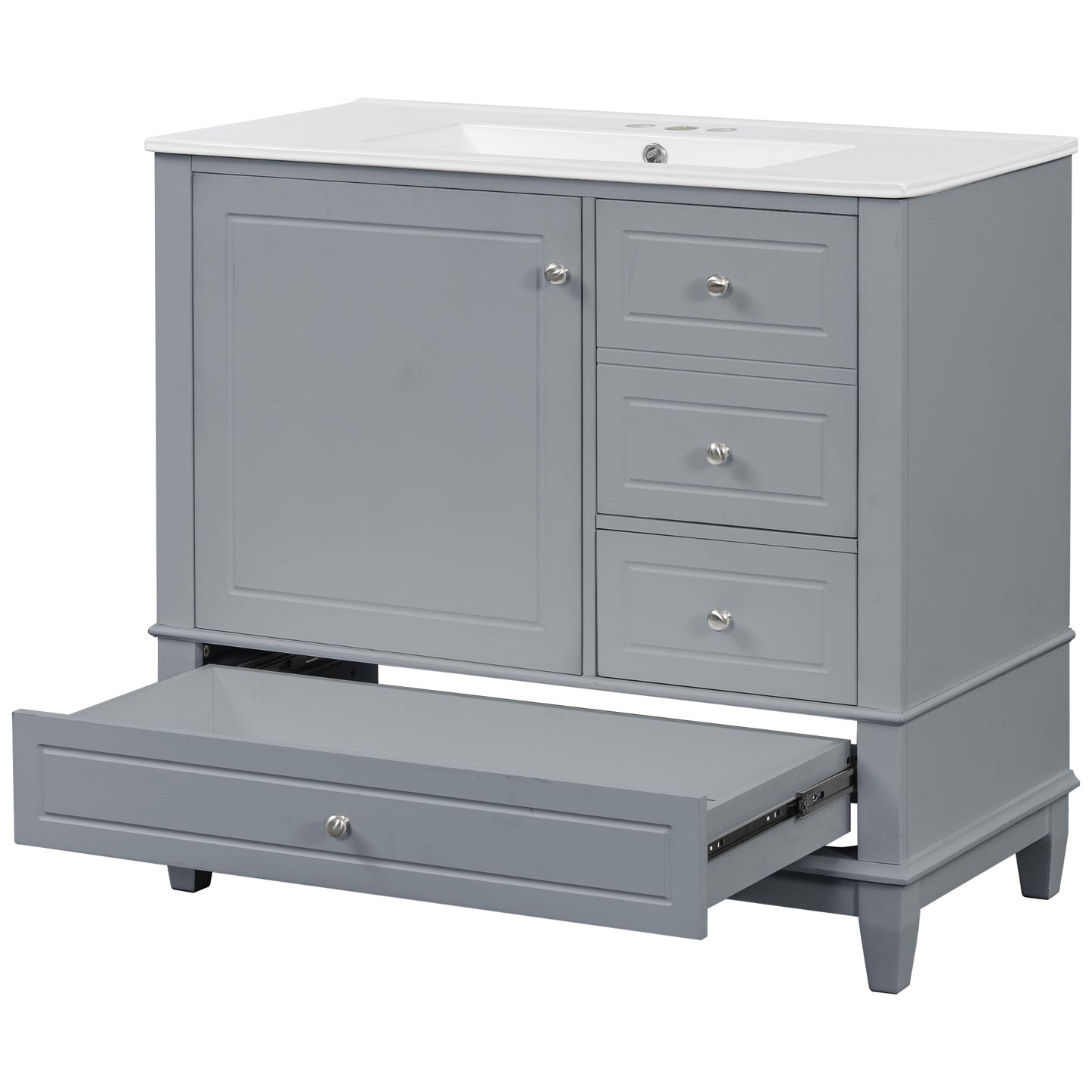 VanityFus 36-in Gray Bathroom Vanity Single Sink Combo Ceramic Top 1 Soft Close Door 3 drawers Undermount