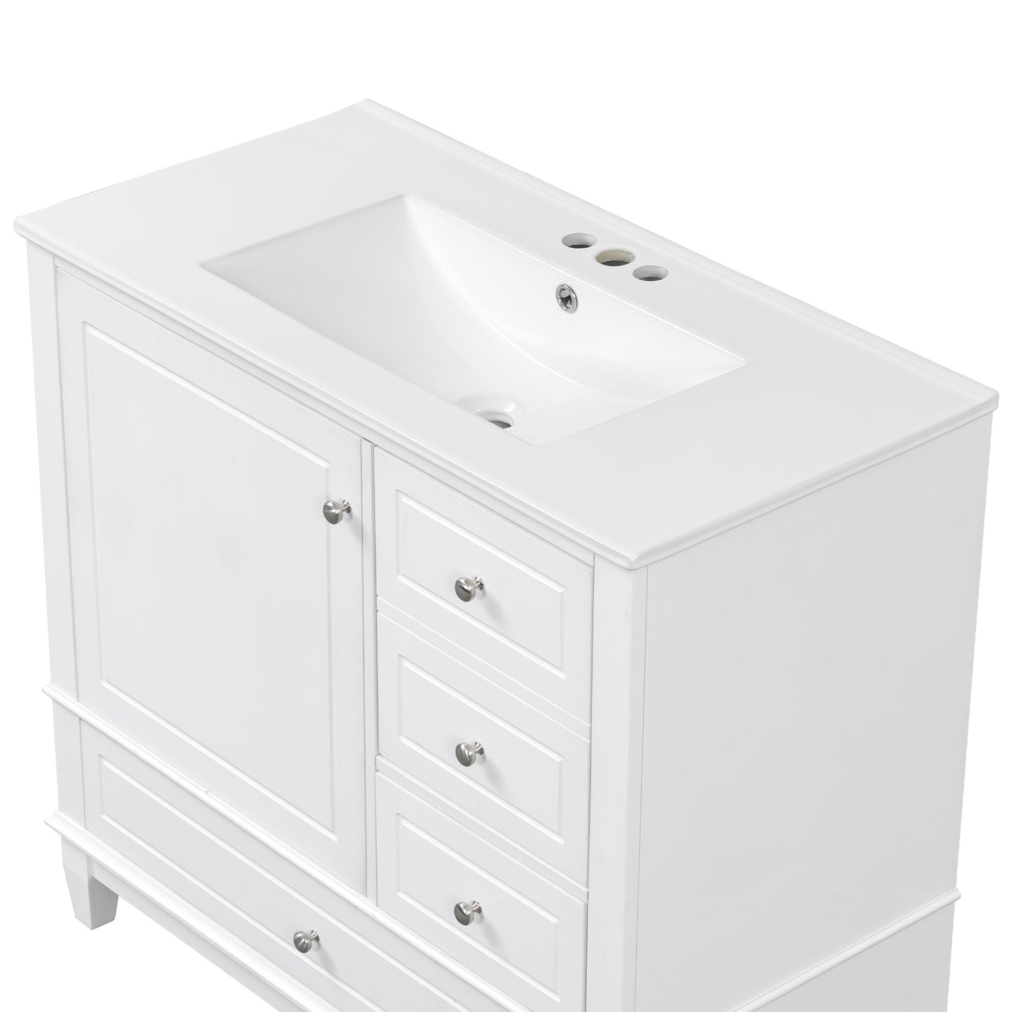 VanityFus 36-in White Bathroom Vanity Single Sink Combo Ceramic Top 1 Soft Close Door 3 drawers Undermount