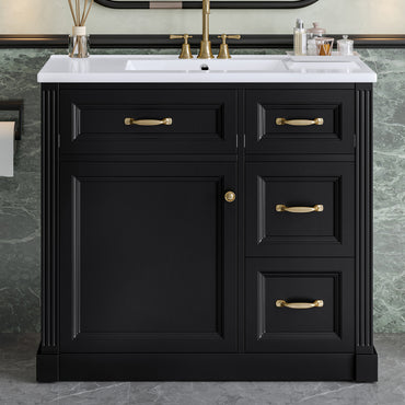 VanityFus 36-in Black Bathroom Vanity Single Sink Combo Ceramic Top 1 Soft Close Door 4 drawers Undermount Adjustable Shelves