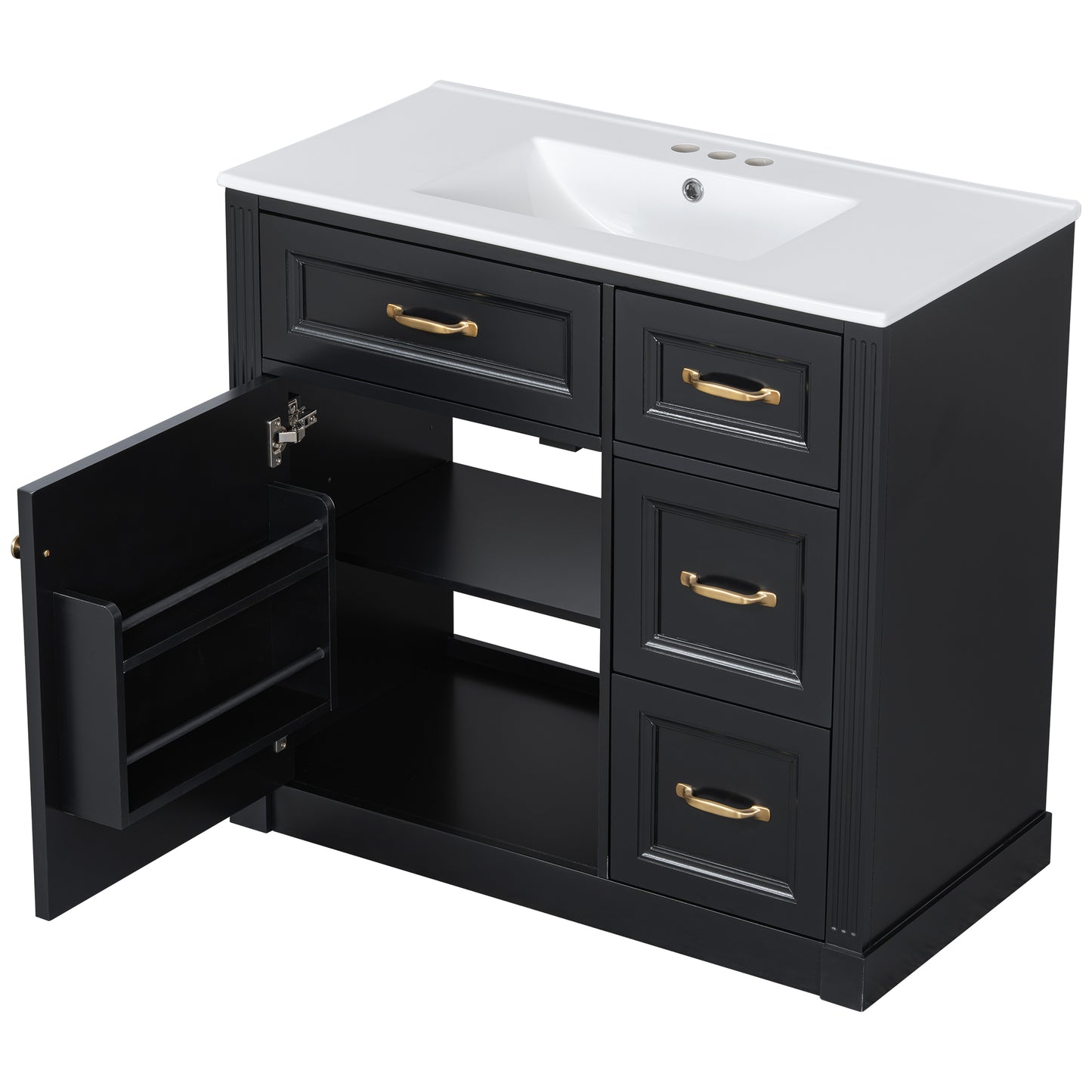 VanityFus 36-in Black Bathroom Vanity Single Sink Combo Ceramic Top 1 Soft Close Door 4 drawers Undermount Adjustable Shelves