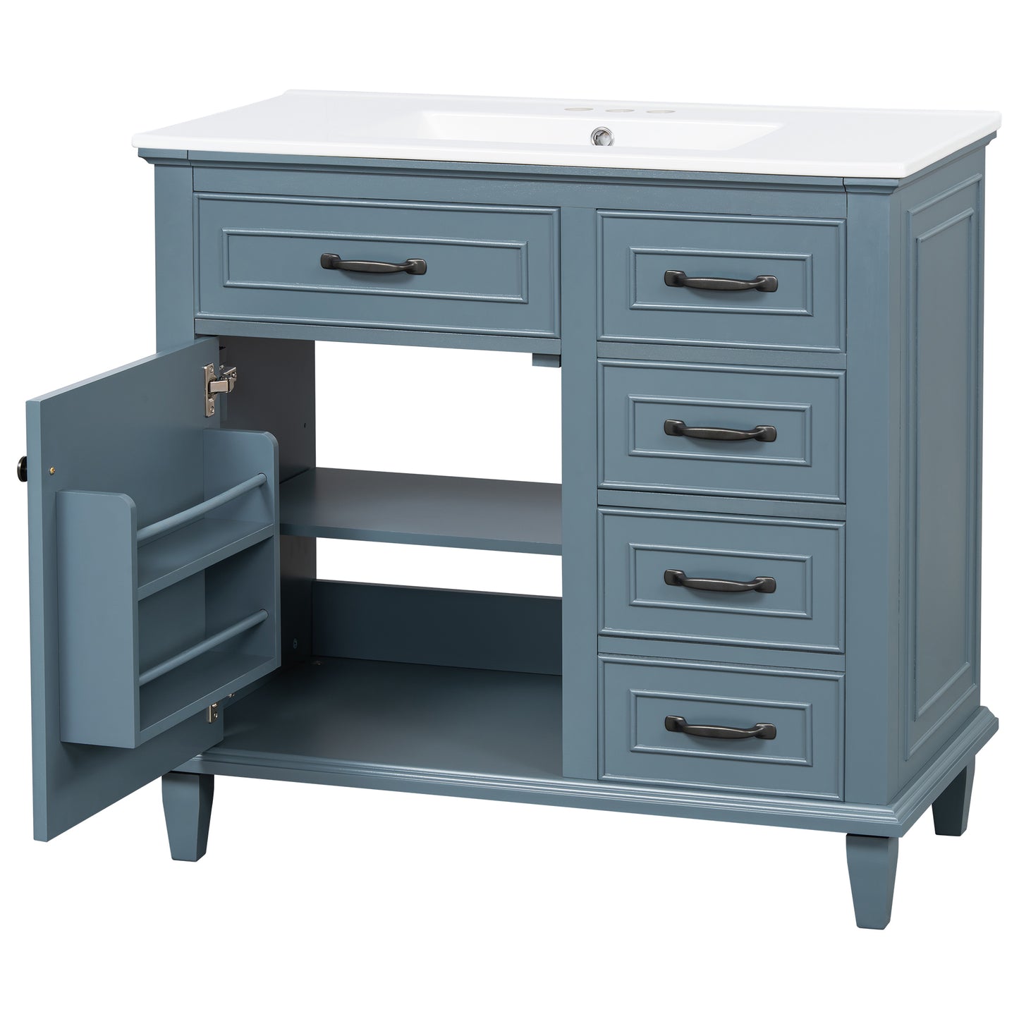 VanityFus 36-in Blue Grey Bathroom Vanity Single Sink Combo Ceramic Top 1 Soft Close Door 4 drawers Undermount Adjustable Shelves
