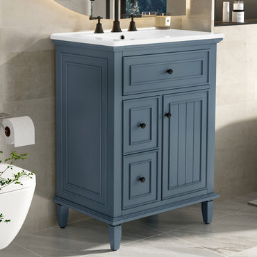 VanityFus 24-in Bathroom Vanity Blue Grey Single Sink Combo with Ceramic Top 1 Door 3 Drawers Adjustable Shelves