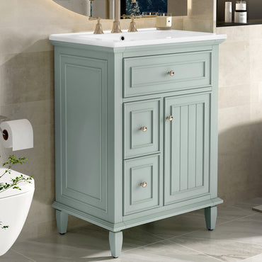 VanityFus 24-in Bathroom Vanity Green Single Sink Combo with Ceramic Top 1 Door 3 Drawers Adjustable Shelves