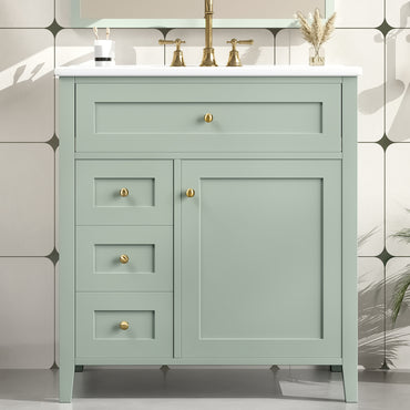 VanityFus 30-in Green Bathroom Vanity Single Sink Combo Ceramic Top 1 door 4 drawers Adjustable Shelves