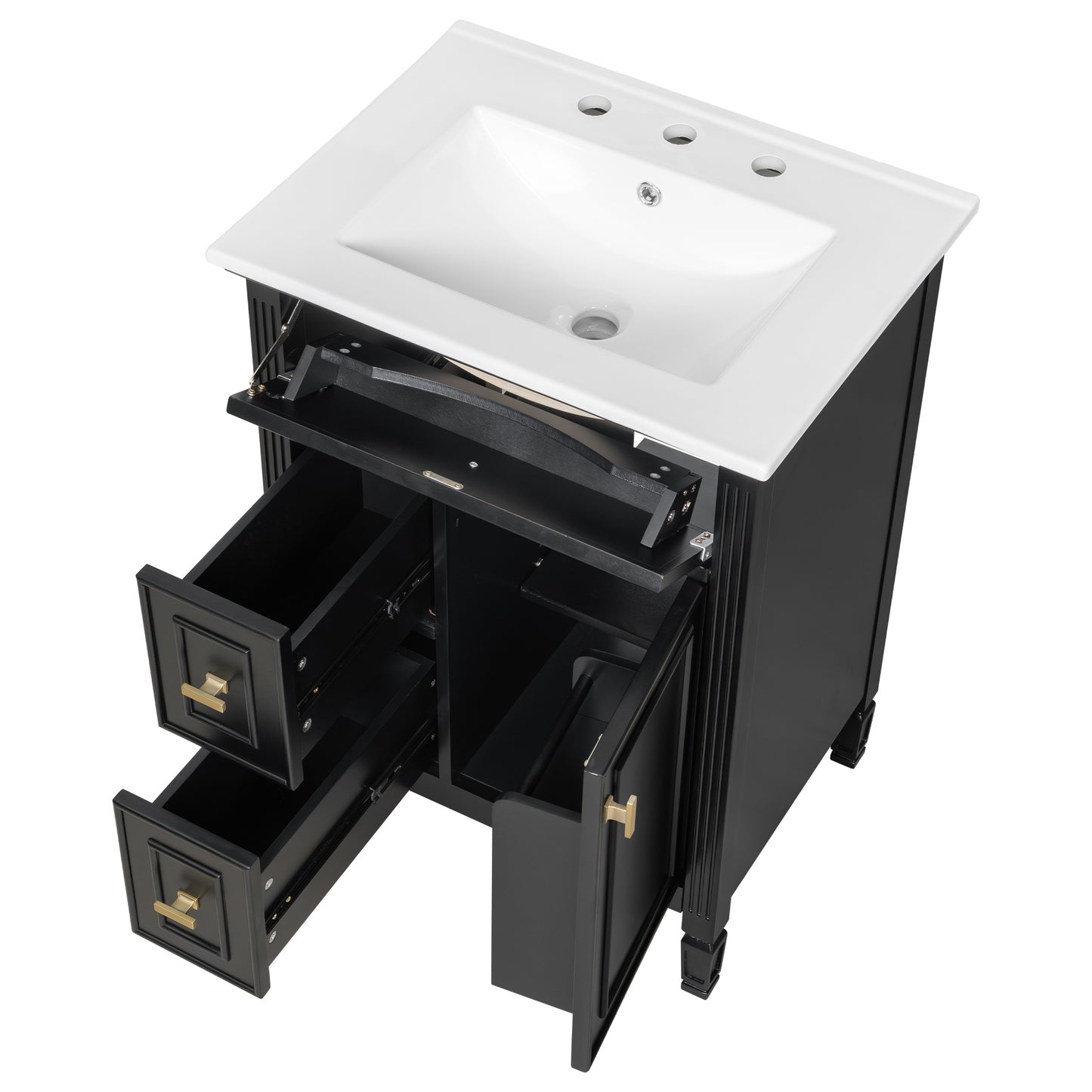 VanityFus 24-in Black Bathroom Vanity Single Sink Combo Ceramic Top 1 door 3 drawers Adjustable Shelves
