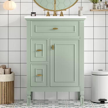 VanityFus 24-in Bathroom Vanity Green Single Sink Combo with Ceramic Top 1 Door 3 Drawers Adjustable Shelves