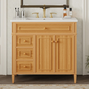 VanityFus 36-in Wood Bathroom Vanity Single Sink Combo Ceramic Top 2 Soft Close Doors 3 drawers Undermount Adjustable Shelves