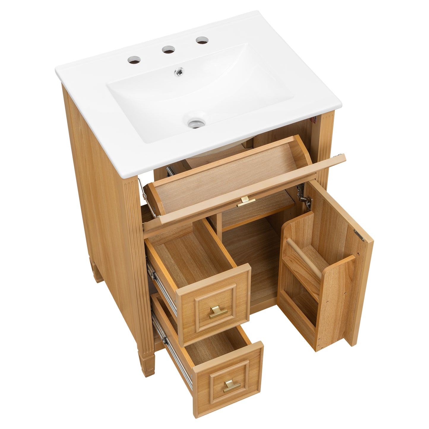 VanityFus 24-in Wood Bathroom Vanity Single Sink Combo Ceramic Top 1 door 3 drawers Undermount Adjustable Shelves