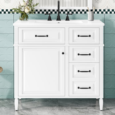 VanityFus 36-in Bathroom Vanity White Single Sink Combo with Ceramic Top 1 Door 4 Drawers Adjustable Shelves