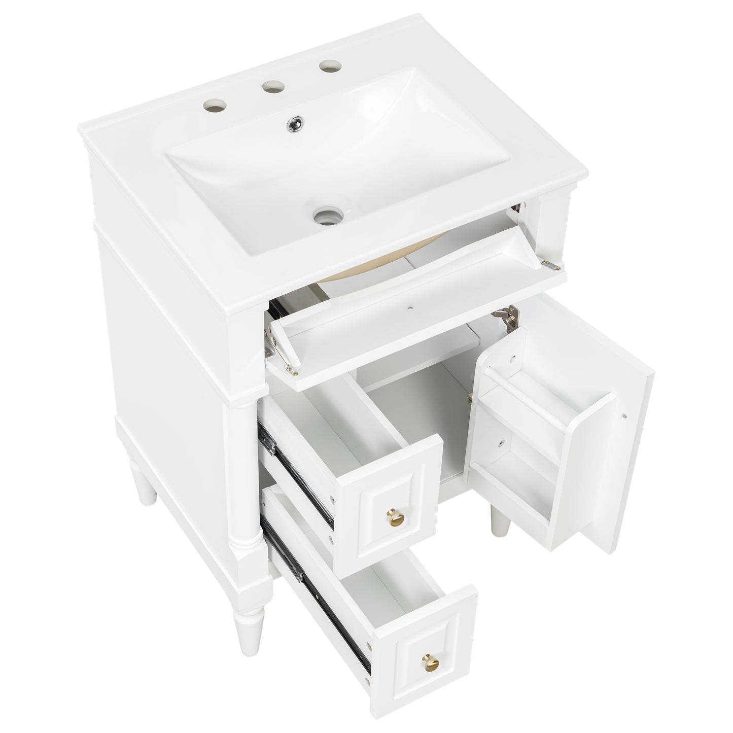 VanityFus 24-in Bathroom Vanity White Single Sink Combo with Ceramic Top 1 Door 3 Drawers Adjustable Shelves