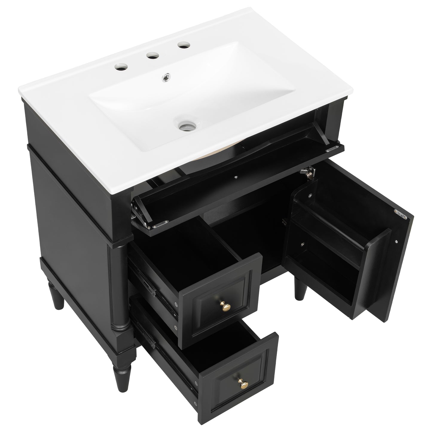 VanityFus 30-in Bathroom Vanity Black Single Sink Combo with Ceramic Top 1 Door 3 Drawers Adjustable Shelves