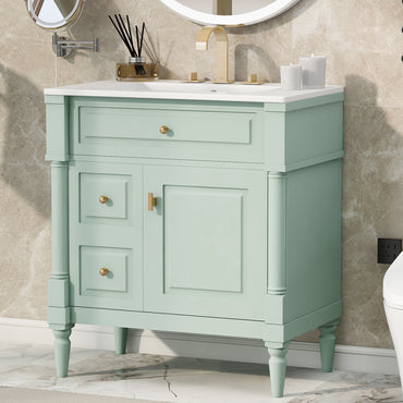 VanityFus 30-in Bathroom Vanity Green Single Sink Combo with Ceramic Top 1 Door 3 Drawers Adjustable Shelves