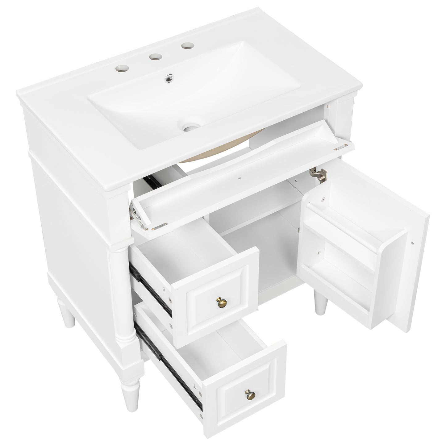 VanityFus 30-in Bathroom Vanity White Single Sink Combo with Ceramic Top 1 Door 3 Drawers Adjustable Shelves