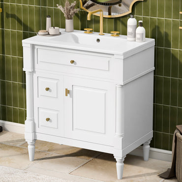 VanityFus 30-in Bathroom Vanity White Single Sink Combo with Ceramic Top 1 Door 3 Drawers Adjustable Shelves