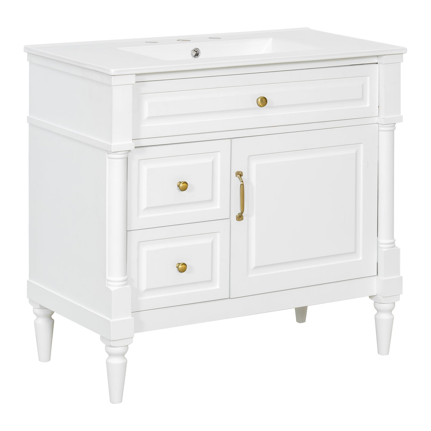 VanityFus 36-in White Bathroom Vanity Single Sink Combo Ceramic Top 1 door 3 drawers Undermount Adjustable Shelves