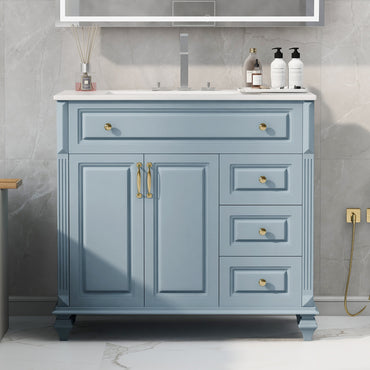 VanityFus 36-in Grey Blue Bathroom Vanity Single Sink Combo Ceramic Top 2 doors 3 drawers Undermount