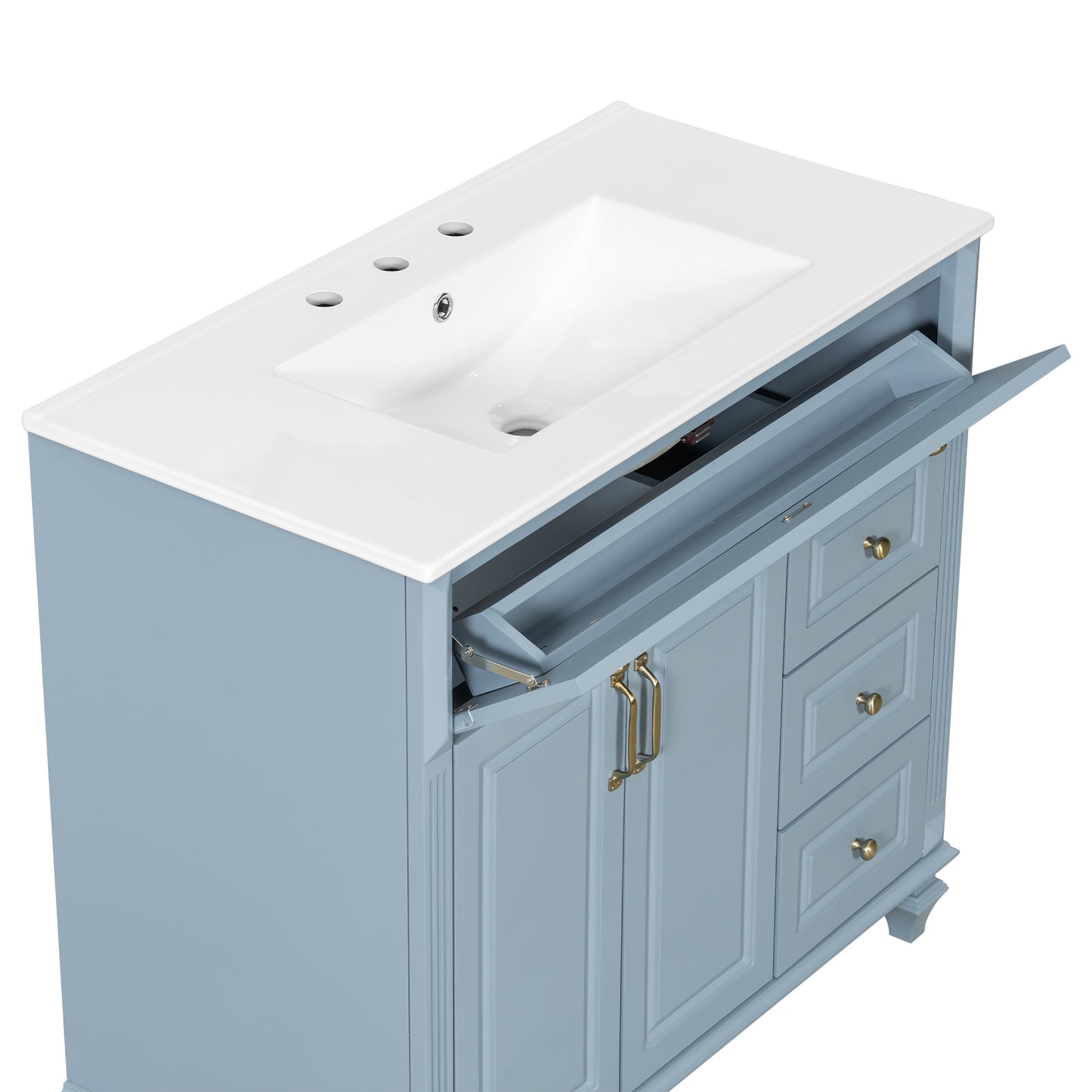 VanityFus 36-in Grey Blue Bathroom Vanity Single Sink Combo Ceramic Top 2 doors 3 drawers Undermount