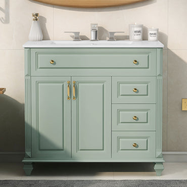 VanityFus 36-in Bathroom Vanity Green Single Sink Combo with Ceramic Top 2 Doors 4 Drawers