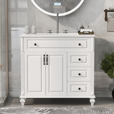 VanityFus 36-in White Bathroom Vanity Single Sink Combo Ceramic Top 2 doors 3 drawers Undermount