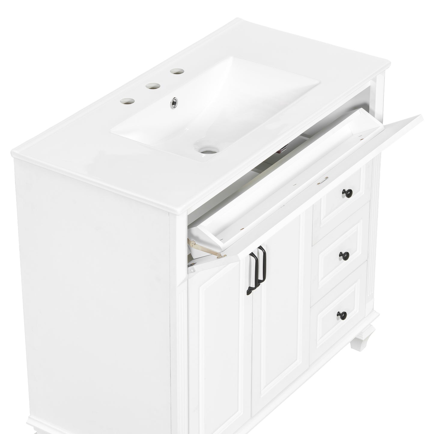 VanityFus 36-in White Bathroom Vanity Single Sink Combo Ceramic Top 2 doors 3 drawers Undermount