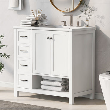 VanityFus 36-in Bathroom Vanity White Single Sink Combo with Ceramic Top 2 Doors 2 Drawers Adjustable Shelves