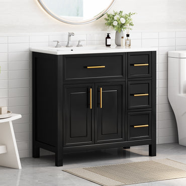 VanityFus 36-in Bathroom Vanity Black Single Sink Combo with Ceramic Top 2 Doors 3 Drawers