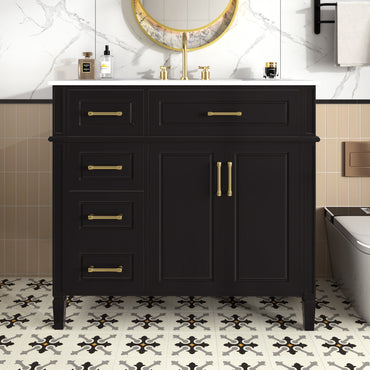 VanityFus 36-in Bathroom Vanity Black Single Sink Combo with Ceramic Top 2 Doors 4 Drawers Adjustable Shelves