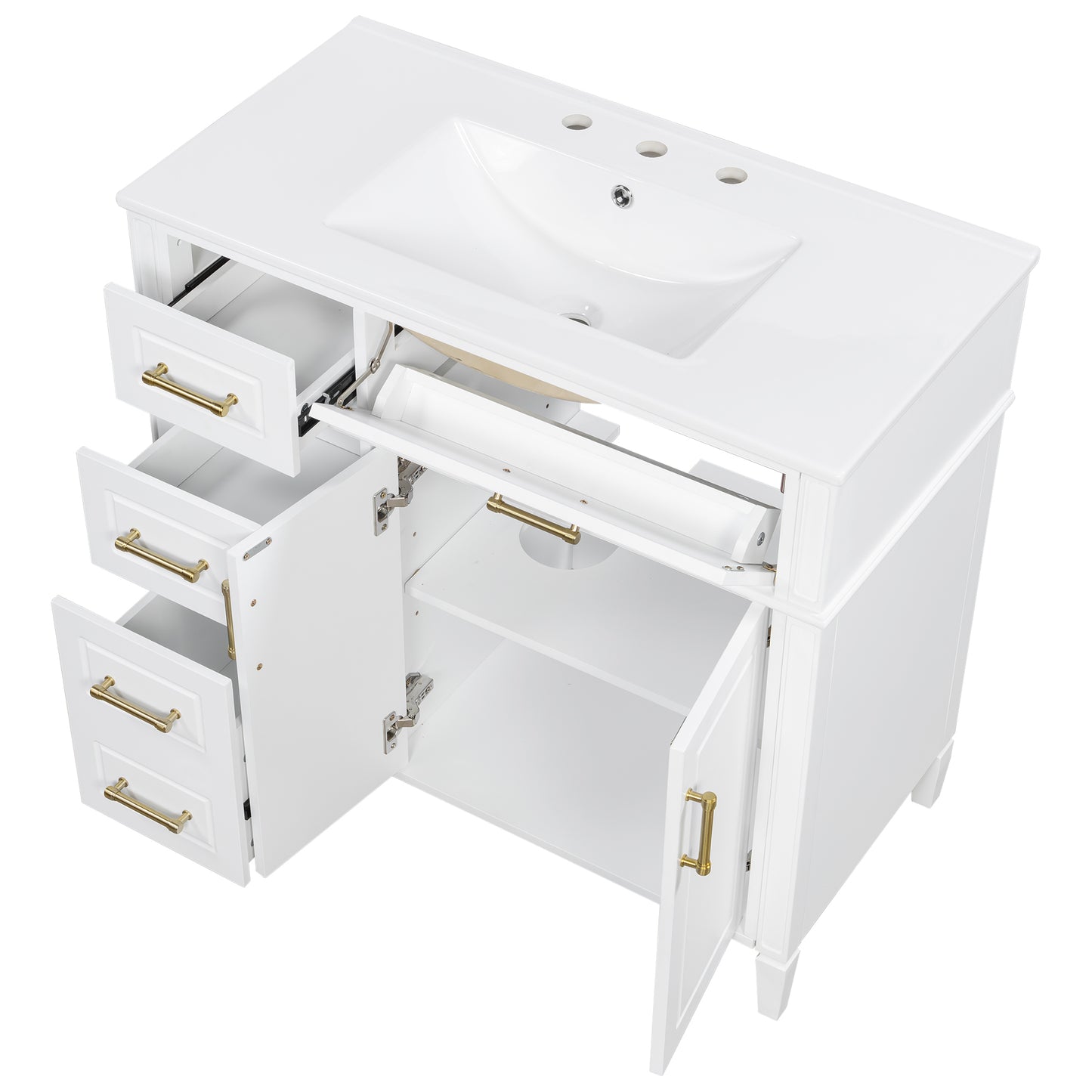 VanityFus 36-in Bathroom Vanity White Single Sink Combo with Ceramic Top 2 Doors 4 Drawers Adjustable Shelves