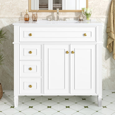 VanityFus 36-in White Bathroom Vanity Single Sink Combo Ceramic Top 2 Soft Close Doors 3 drawers Undermount Adjustable Shelves