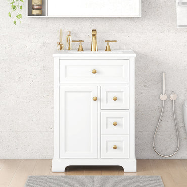 VanityFus 18.6-in White Bathroom Vanity Single Sink Combo with Ceramic Top 1 Soft Close door 3 drawers Undermount