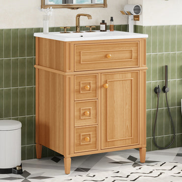 VanityFus 18.6-in Wood Bathroom Vanity Single Sink Combo with Ceramic Top 1 Soft Close door 3 drawers Undermount
