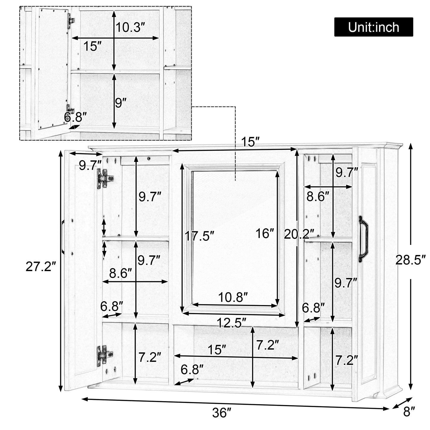 VanityFus 36-in Bathroom Vanity White Single Sink Medicine Cabinet Miror Combo with Ceramic Top 5 Soft Close Doors 3 Drawers
