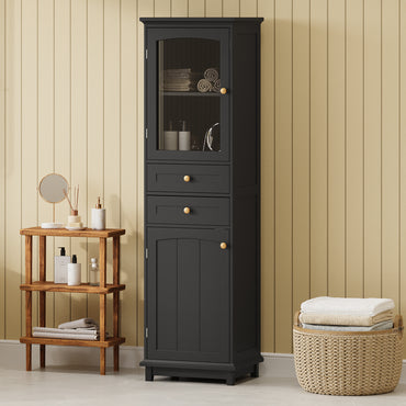 VanityFus Black 14.21-in x 17.76-in x 62.99-in Wood Freestanding Soft Close Linen Cabinet adjustable shelves 2 Soft close doors 2 drawers