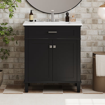 VanityFus 30-in Black Bathroom Vanity Single Sink Combo Ceramic Top 2 Soft-Close Doors Adjustable shelves