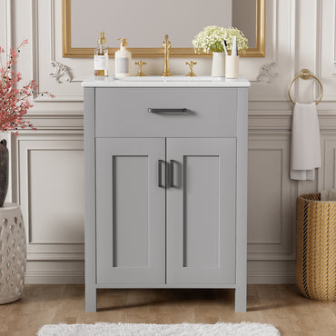 VanityFus 24.2-in Gray Bathroom Vanity White Single Sink Combo With Ceramic Top 2 Soft-Close Doors 1 drawer