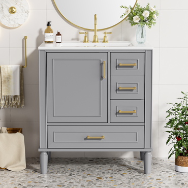 VanityFus 30-in Bathroom Vanity Gray Single Sink Combo Ceramic Top 1 Soft-Close Doors 3 Drawer