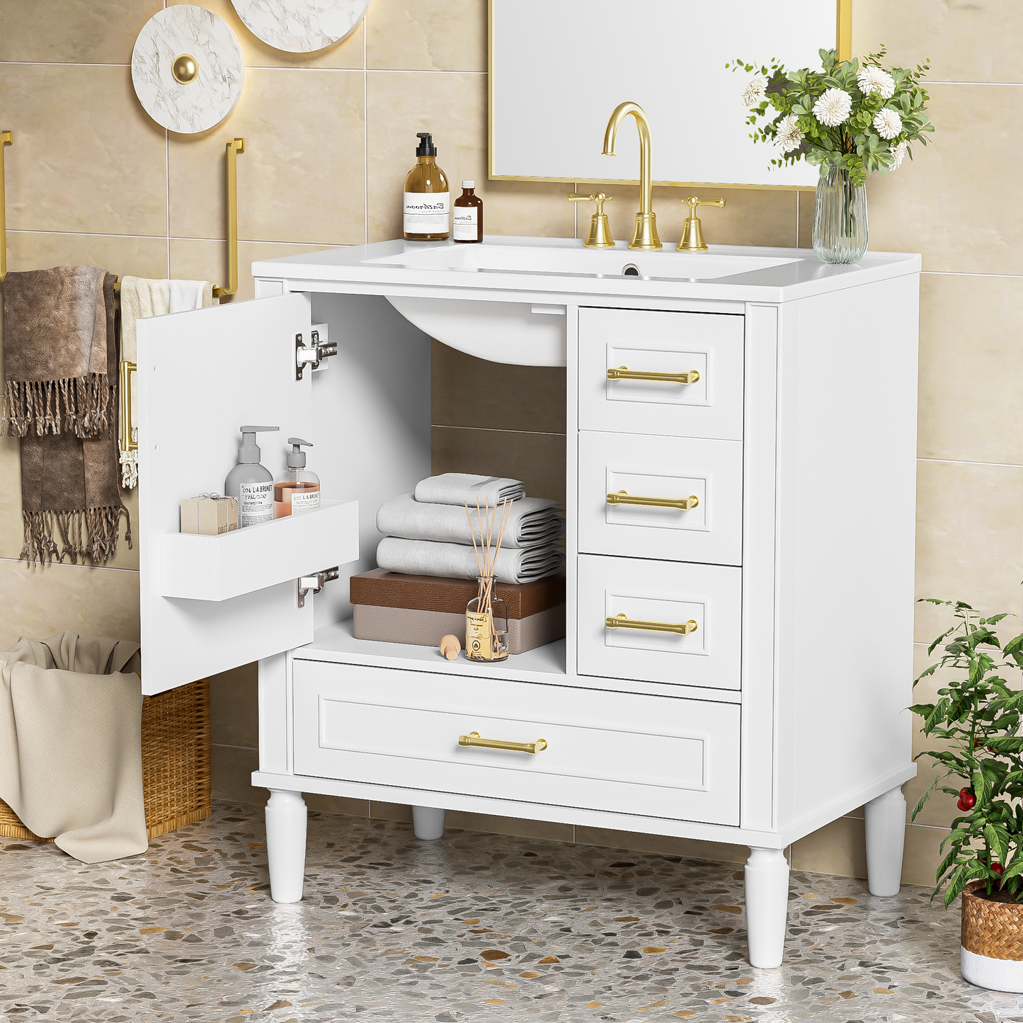 VanityFus 30-in Bathroom White Vanity Single Sink Combo Ceramic Top 1 Soft-Close Doors 3 Drawer