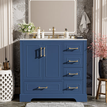 VanityFus 36-in Bathroom Vanity Blue Single Sink Combo with Ceramic White Top 2 Soft-Close Doors 4 drawer