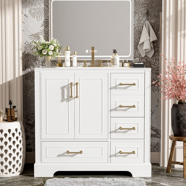 VanityFus 36-in Bathroom Vanity Single Sink Combo with Ceramic White Top 2 Soft-Close Doors 4 drawer