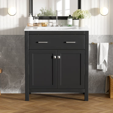 VanityFus 30-in Bathroom Vanity Black Single Sink Combo with Ceramic White Top 2 Soft-Close Doors 1 drawer