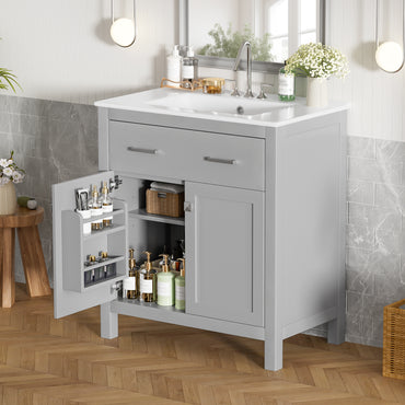 VanityFus 30-in Bathroom Vanity Gray Single Sink Combo with Ceramic White Ceramic Top 2 Soft-Close Doors 1 drawer