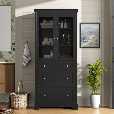 VanityFus Black 15.7-in x 30.1-in x 70.1-in Wood Freestanding Soft Close Linen Cabinet adjustable shelves 2 Soft close doors 3 drawers