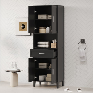 VanityFus Black 13.8-in x 23.6-in x 70.9-in Wood Freestanding Soft Close Linen Cabinet adjustable shelves 4 Soft close doors 1 drawers