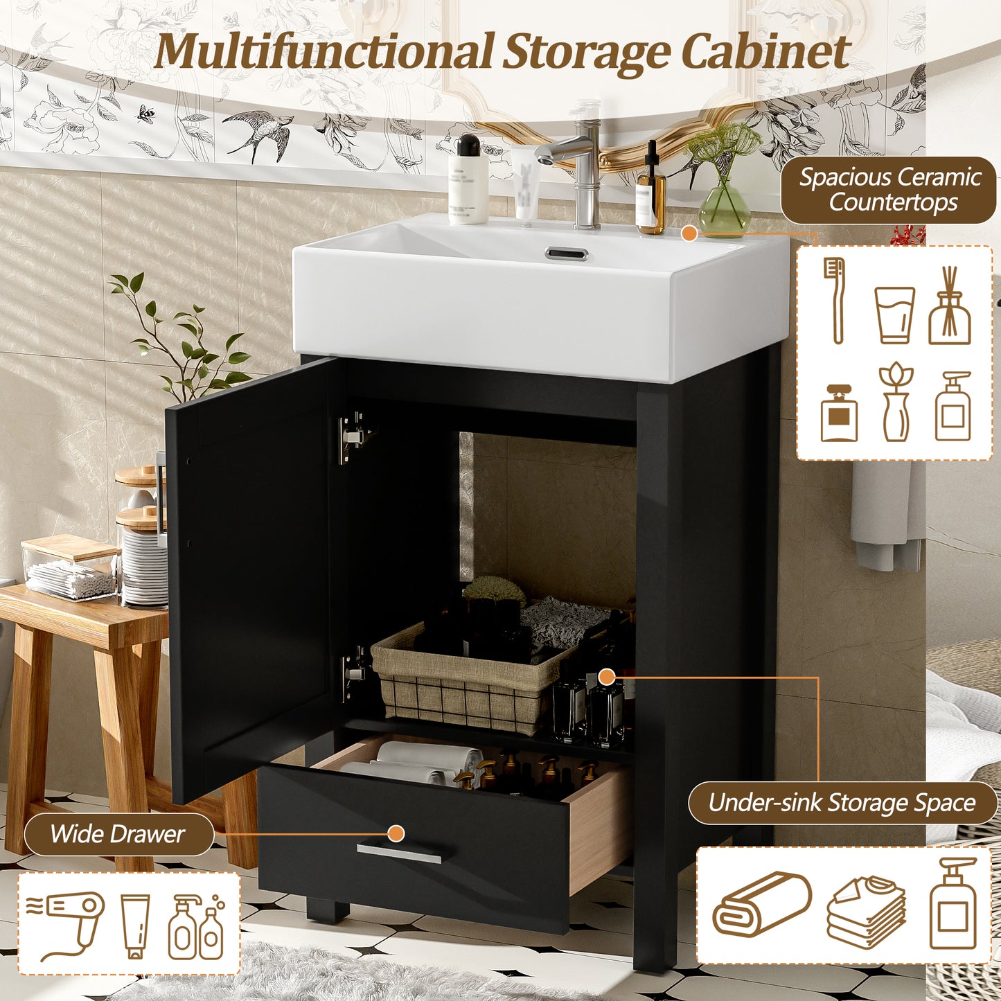 VanityFus 20.28-in Black Single Sink Combo Bathroom Vanity With White Ceramic Top 1 Soft-Close Doors 1 drawer