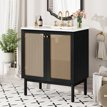 VanityFus 29.84-in Black Bathroom Vanity Single Sink Combo Ceramic Top 2 Soft-Close Doors Adjustable shelve